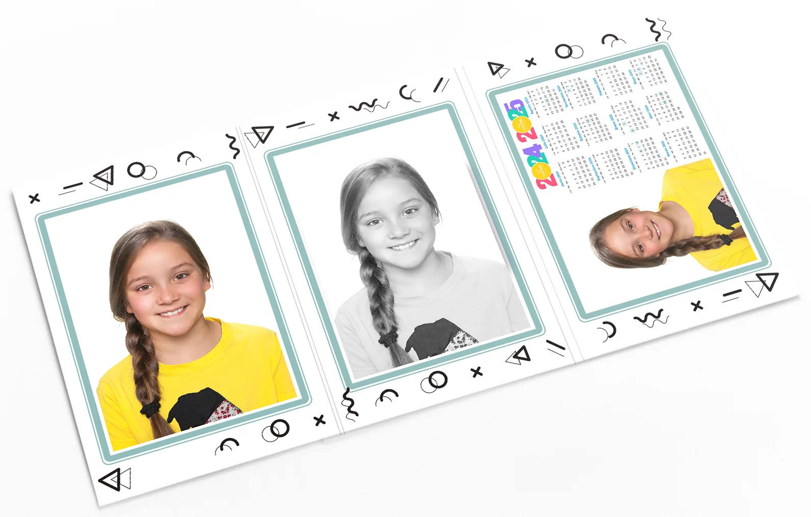 Retratos escolares en color, blanco y negro y calendario